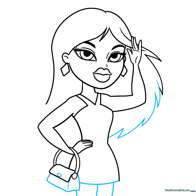 Refining the hair with jagged lines and adding a clasp detail to the purse.