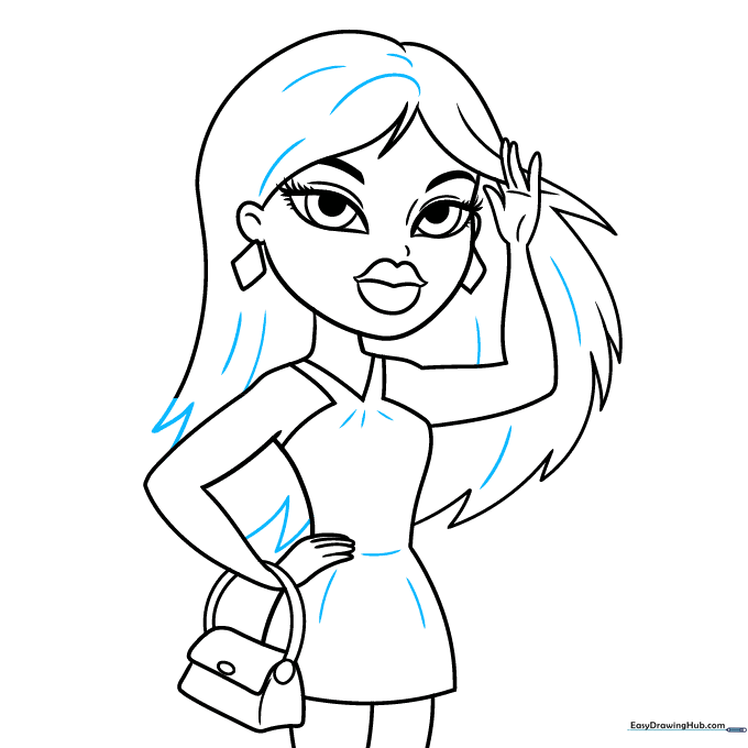 Finalizing the drawing with clean outlines and added texture to the hair and dress.