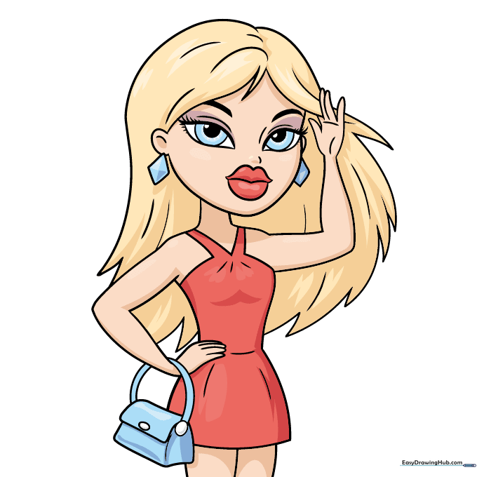 Fully colored Bratz doll illustration with blonde hair and a red dress.