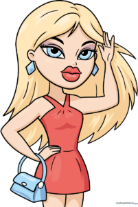 A vibrant, finished illustration of a stylish Bratz doll, showcasing fashion and character design.