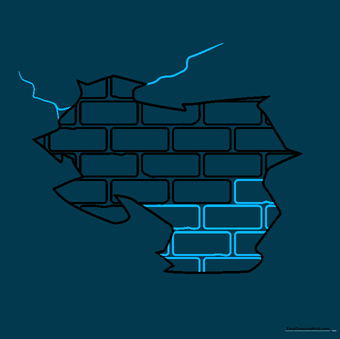 Completed brick structure with additional cracks radiating from the plaster edges.