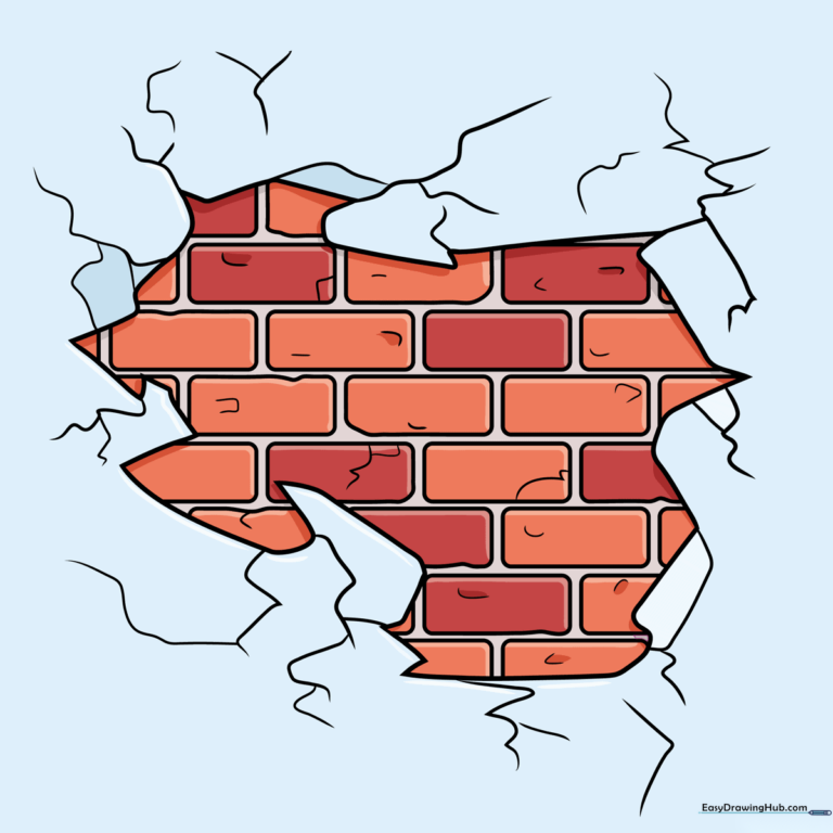 A finished, colored illustration of a crumbling brick wall with detailed cracks and textures.