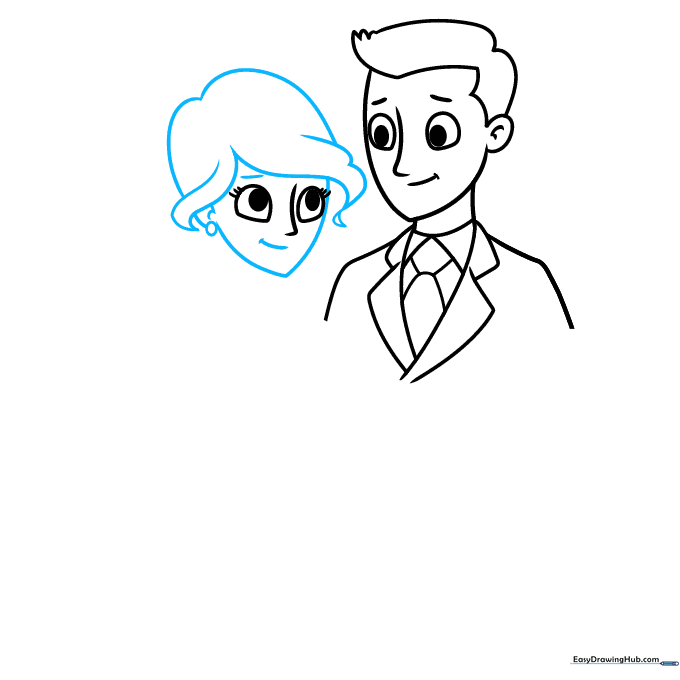 Outlining the bride's hair and facial features with flowing curved lines.