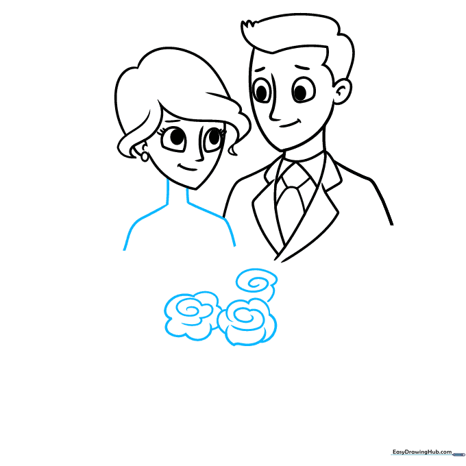 Sketching the bride's shoulders and the beginning of a flower bouquet using spiral shapes.