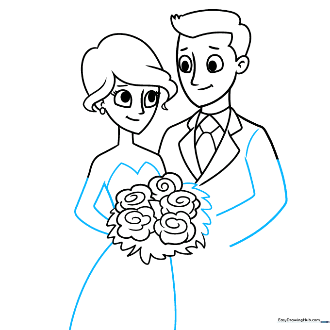 Drawing the bride's dress bodice and skirt using curved lines.