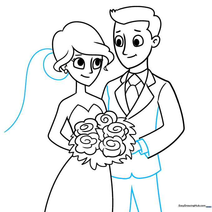 Adding the veil and completing the groom's suit jacket details.
