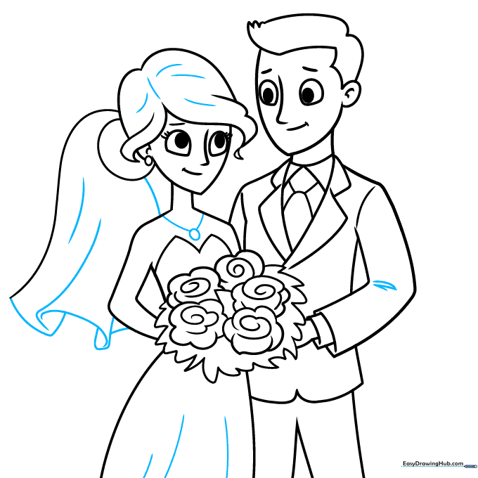Adding final textures to the veil and dress to complete the drawing.