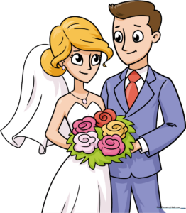 A beautifully colored cartoon illustration of a bride and groom standing together.