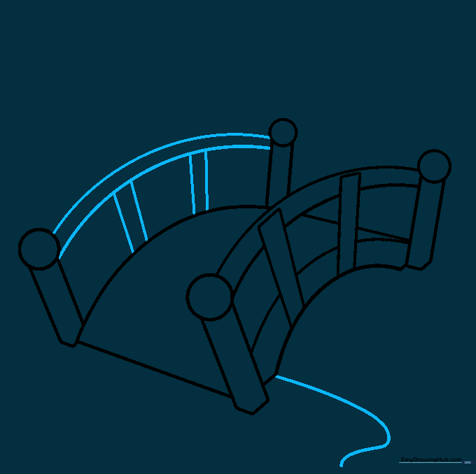 Drawing the back handrail and beginning to sketch a river flowing under the bridge.