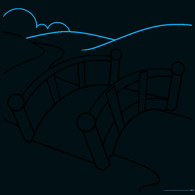Sketching rolling hills in the background and soft clouds in the sky.