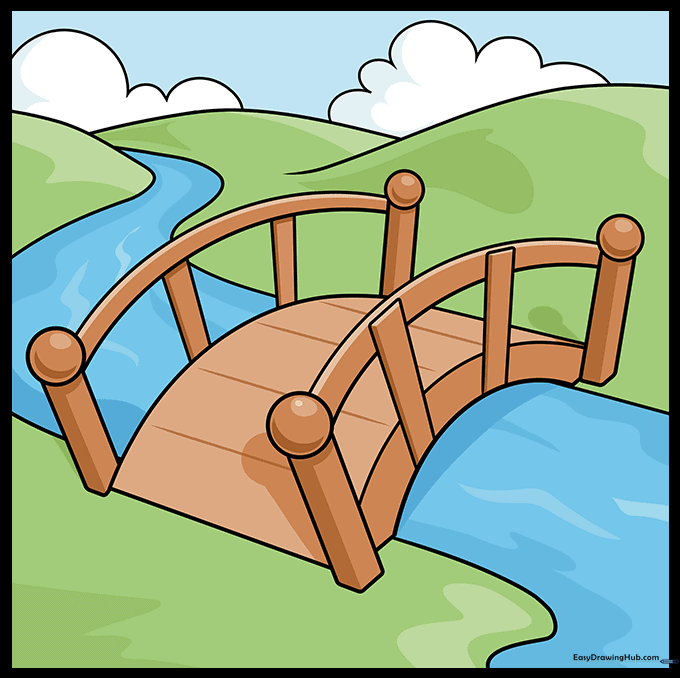 A fully colored cartoon bridge scene with a river, hills, and a blue sky.