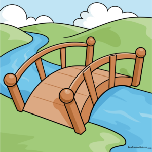 Colorful illustration of a wooden bridge over a river, perfect for kids' art projects.