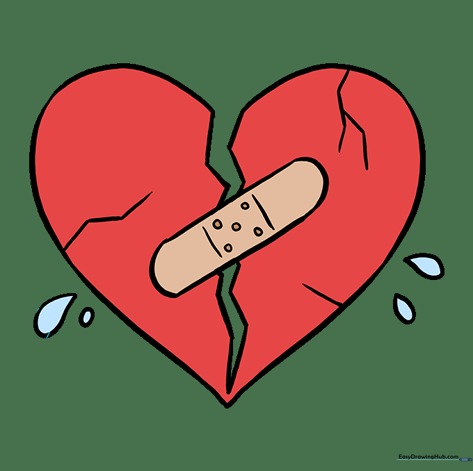 The finished, colored drawing of a broken heart with a bandage and teardrops.