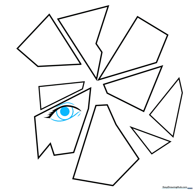Detailed sketch of a cartoon eye with iris, pupil, and surrounding texture lines.