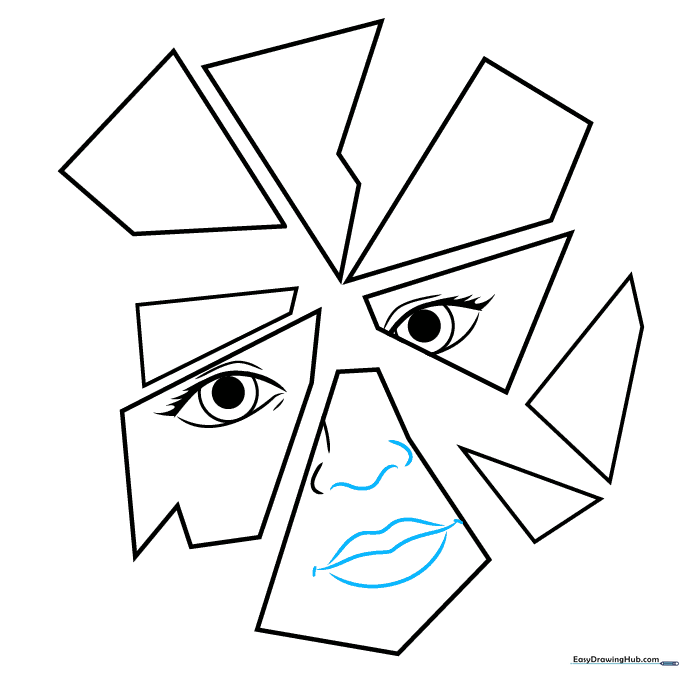 Close-up of the cartoon mouth and nose features being drawn.