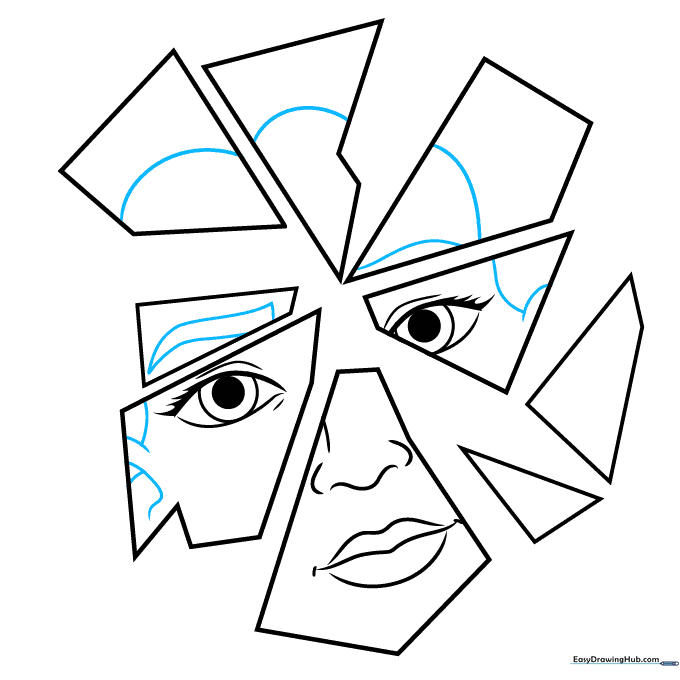 Sketch showing the addition of hair loops, ears, and eyebrows.