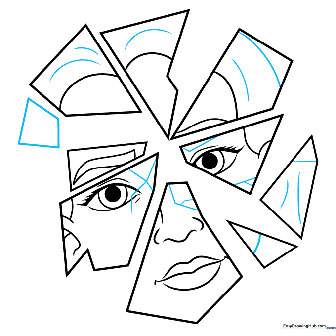 Drawing showing the addition of crack lines across the mirror shards.