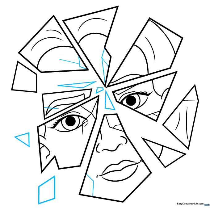 Final pencil outline of the broken mirror with all shards and details complete.