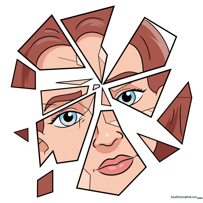 Finished, colored cartoon illustration of a face reflected in a broken mirror.