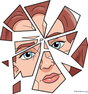 Colorful, finished cartoon drawing of a face in a broken mirror, set against a clean background.