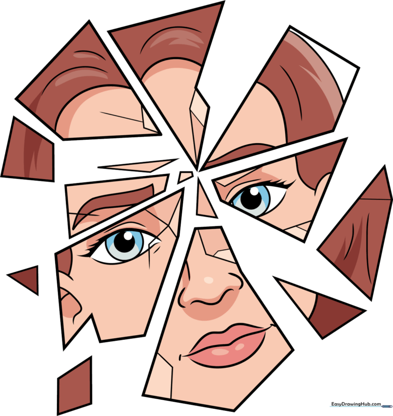 Colorful, finished cartoon drawing of a face in a broken mirror, set against a clean background.