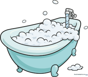 A colorful, finished drawing of a bathtub filled with bubbles and a rubber ducky.