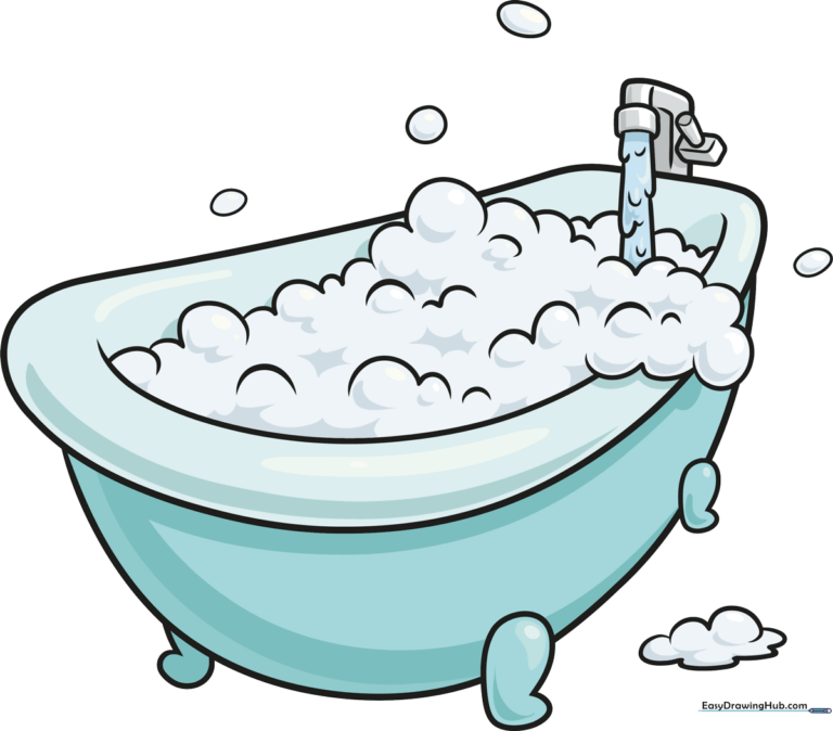 A colorful, finished drawing of a bathtub filled with bubbles and a rubber ducky.
