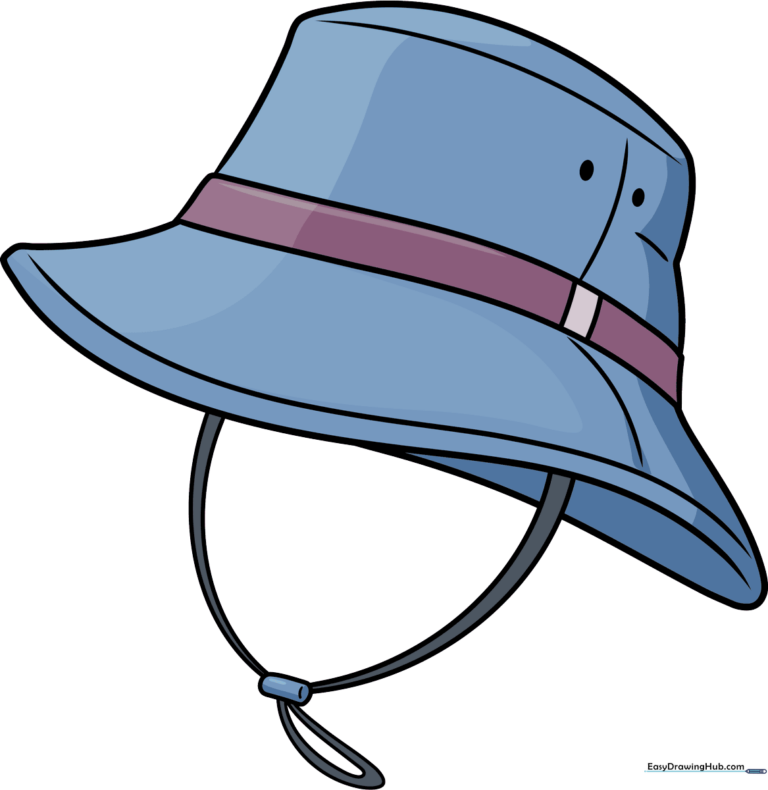 A colorful, finished bucket hat drawing with a chinstrap.