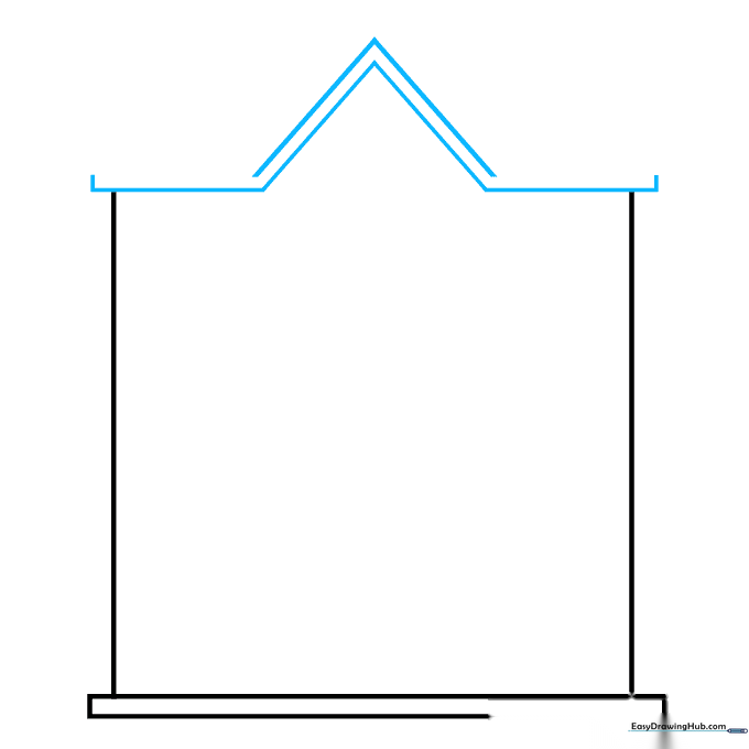 Adding a peaked roof structure to the top of the building walls using parallel lines.