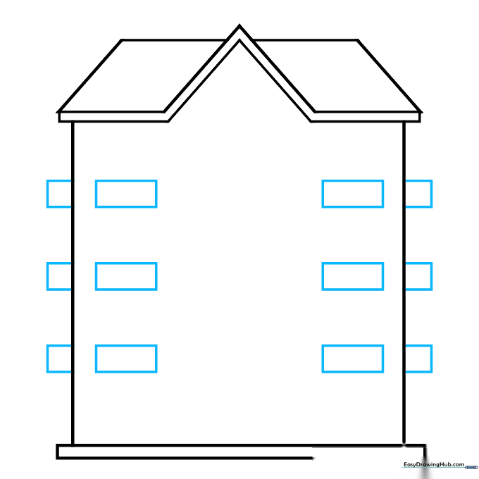 Drawing rectangular balcony outlines on the front and side faces of the building.
