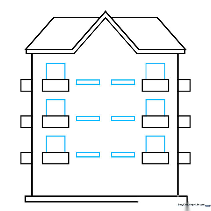 Sketching doorway squares on balconies and window ledges on the building walls.