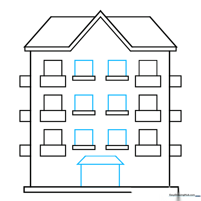 Adding square windows above the ledges and a main entrance door with an awning.