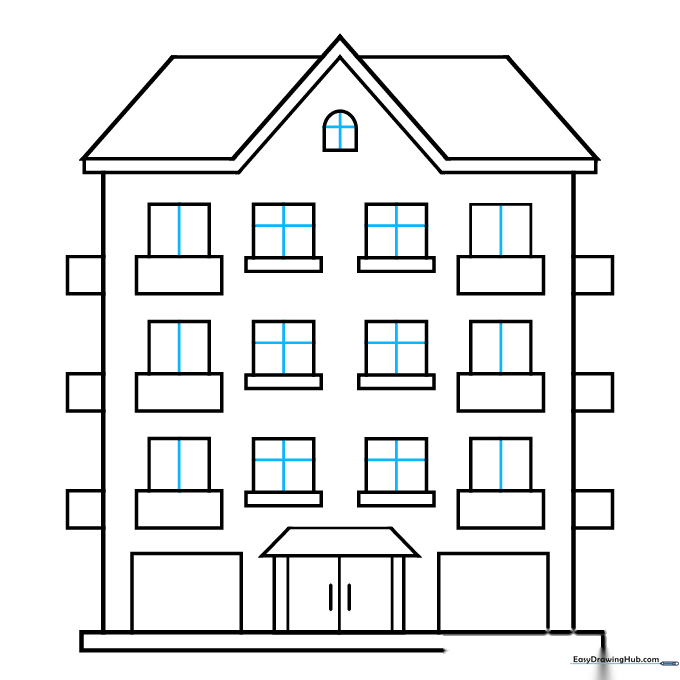 Drawing grid lines inside windows and balcony doors to define the glass panes.