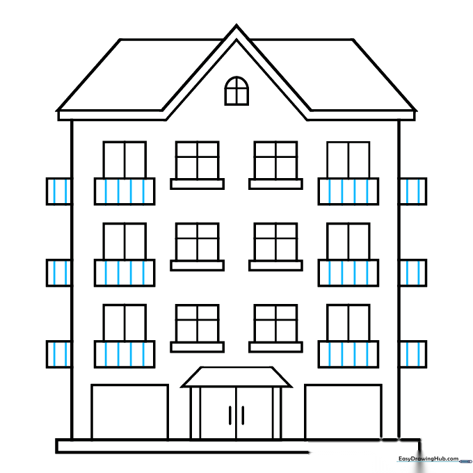 Adding vertical railing details to the balconies to finish the line art.