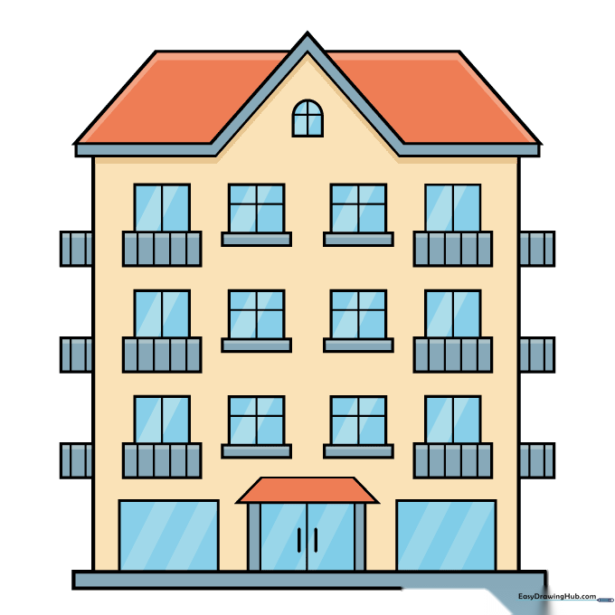 The finished, colored cartoon building drawing.