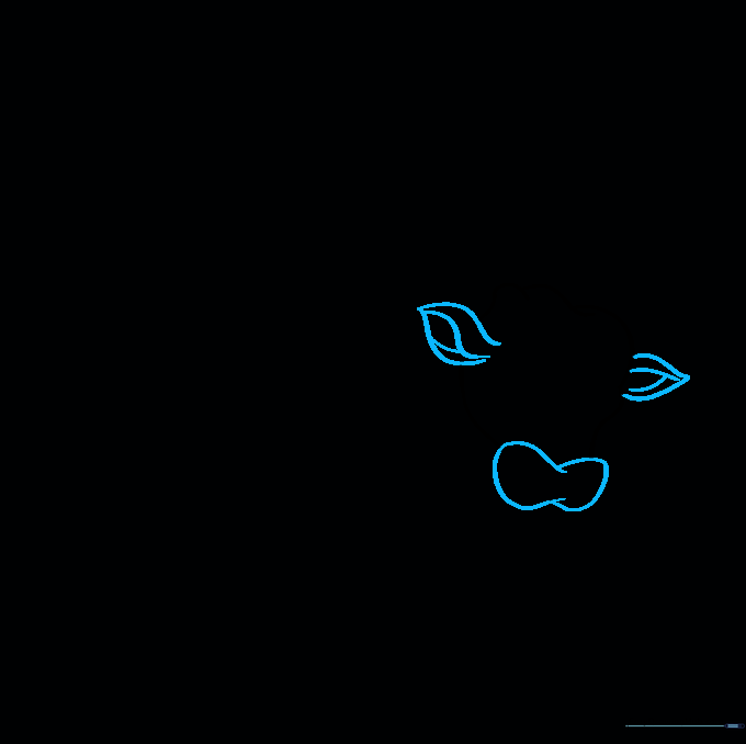 Drawing the bull's pointed ears and a peanut-shaped snout on the head outline.