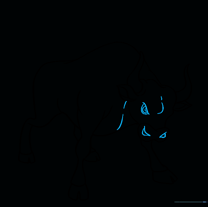 Adding facial features including nostrils, eye, and chest muscle lines.