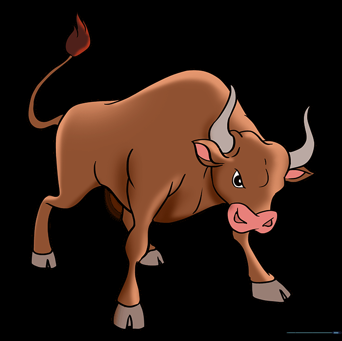 A fully colored bull drawing with brown and white patches.