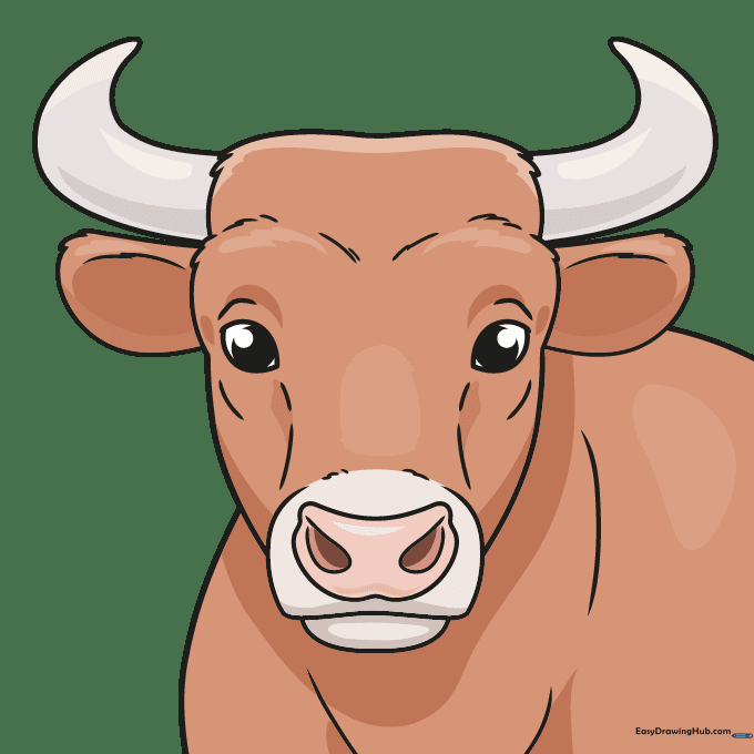Finished, colored cartoon bull head with reddish-brown fur and pink nose.