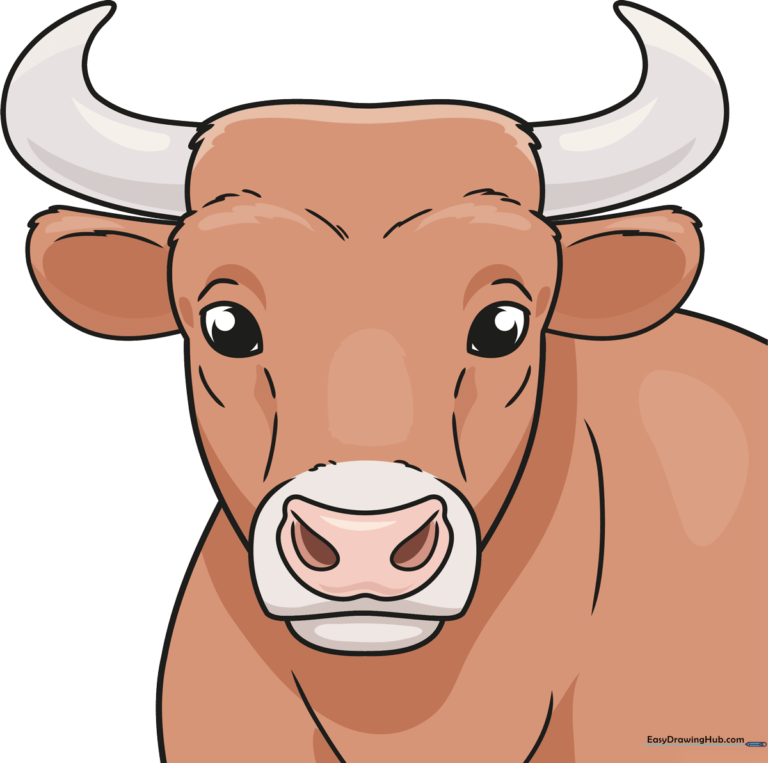 A vibrant, finished cartoon bull head illustration, showcasing the final result of the tutorial.