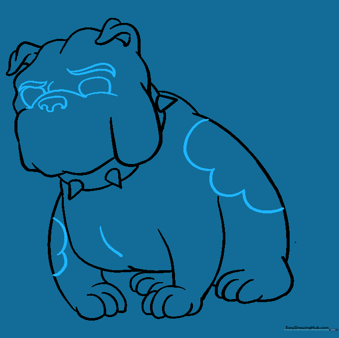 Adding the bulldog's facial features including eyes, nose, and brow lines.