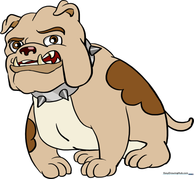 A finished, colorful illustration of a friendly bulldog, showcasing the final result of the tutorial.