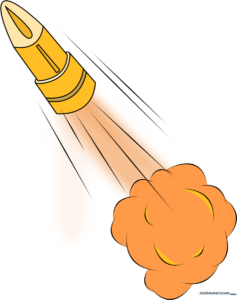 A finished, colored illustration of a cartoon bullet flying through the air with a smoke trail.