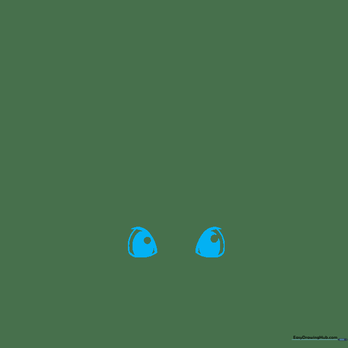 Close-up of two rounded triangle eyes with pupils being drawn on white paper.