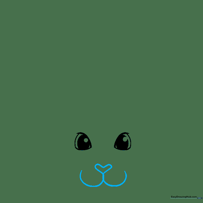 Drawing a heart-shaped nose and a W-shaped mouth below the bunny's eyes.