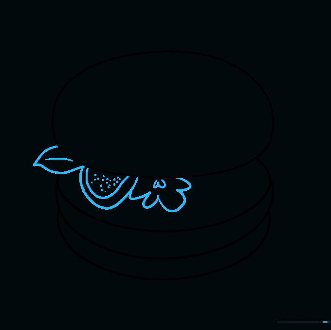 Adding lettuce and tomato slices to the burger using wavy lines and dots.