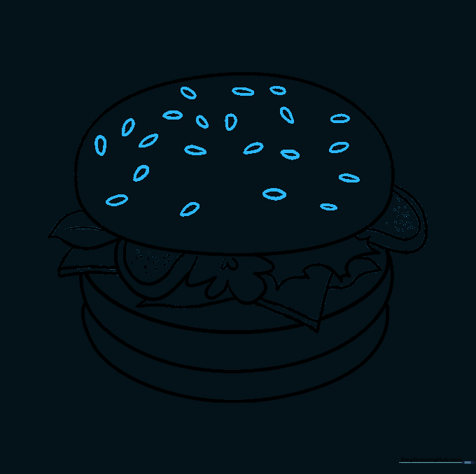 Adding sesame seeds to the top bun of the burger drawing.