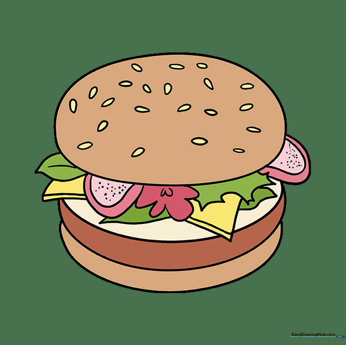 The final colored burger drawing with vibrant toppings.