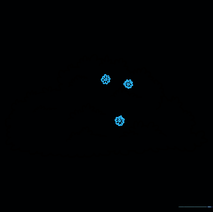 Drawing small flowers with circular centers and U-shaped petals on the bush.