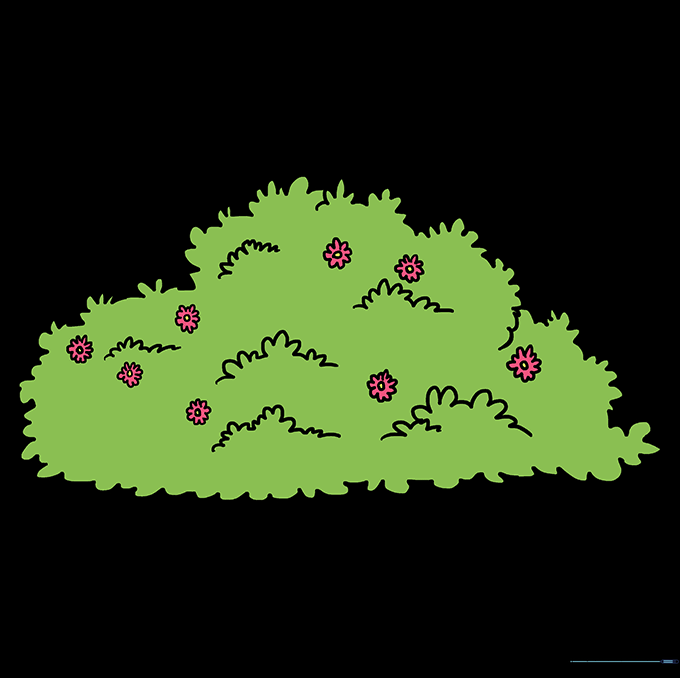 The finished, colored bush drawing with vibrant leaves and flowers.